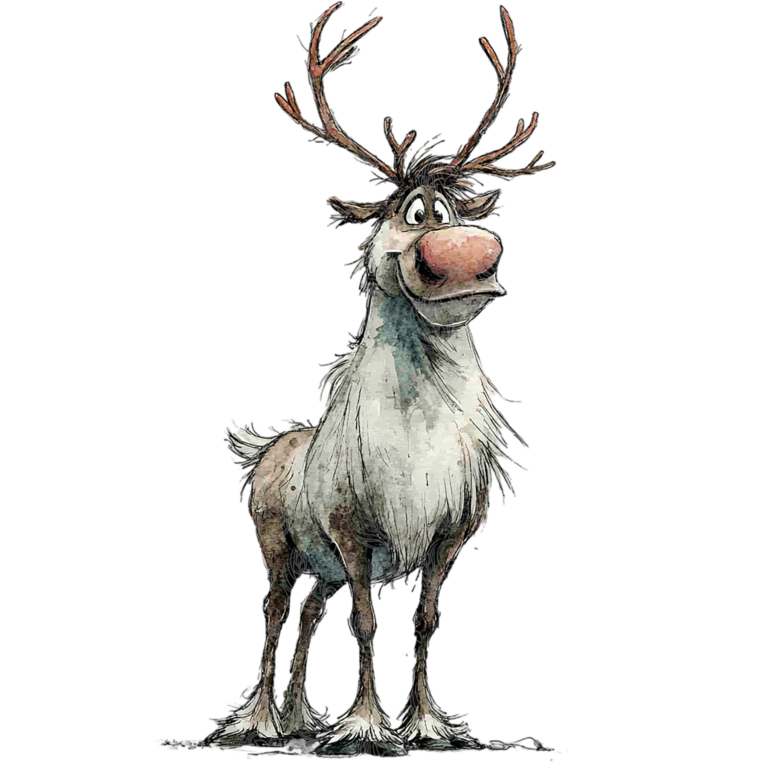 reindeer christmas watercolour illustration of a cheerful cartoon reindeer with large antlers, Grey Barn Handwerk, Saskatchewan.